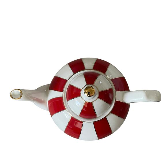 Grace Teaware Fine Porcelain Teapot Holiday Red White Gold Peppermint Stripe New - Picture 7 of 16